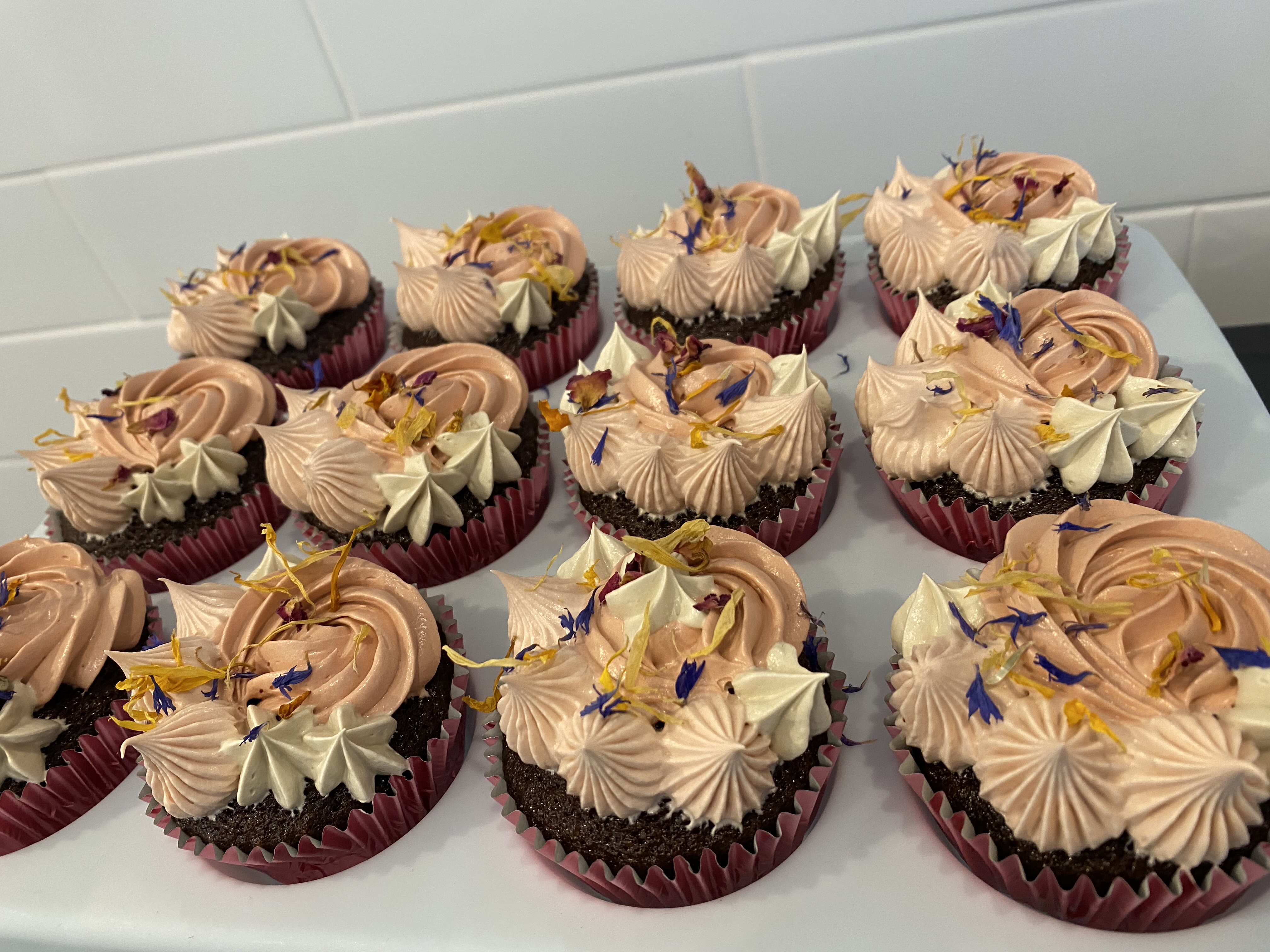 chocolate cupcakes, caramel centre, vanilla CFD buttercream